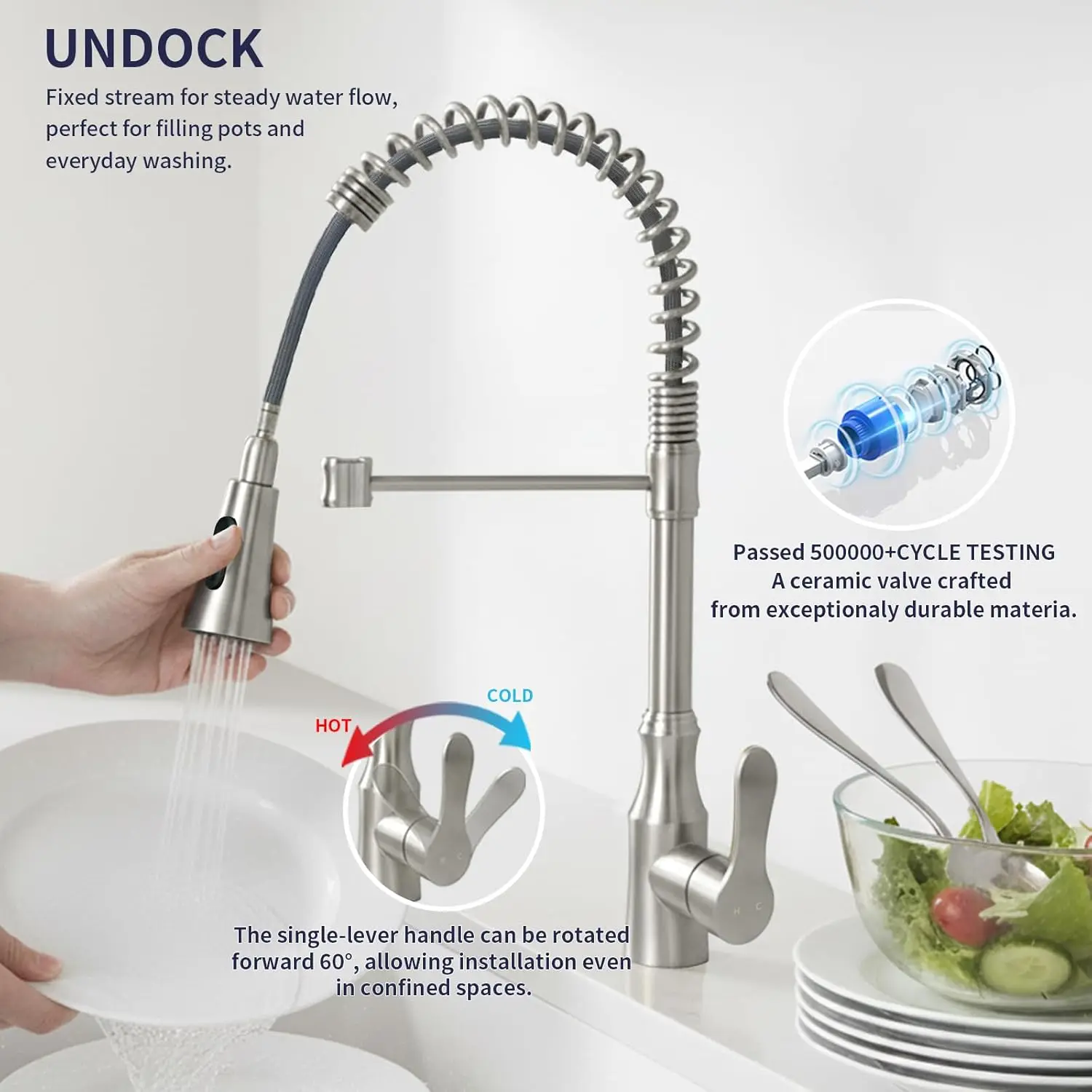 Küchenarmatur aus gebürstetem Nickel mit herunterziehbarem Sprühgerät, kommerzieller Hochbogen-Einzelgriff-Wasserhahn aus Edelstahl für Küchenspüle, 1-Hol