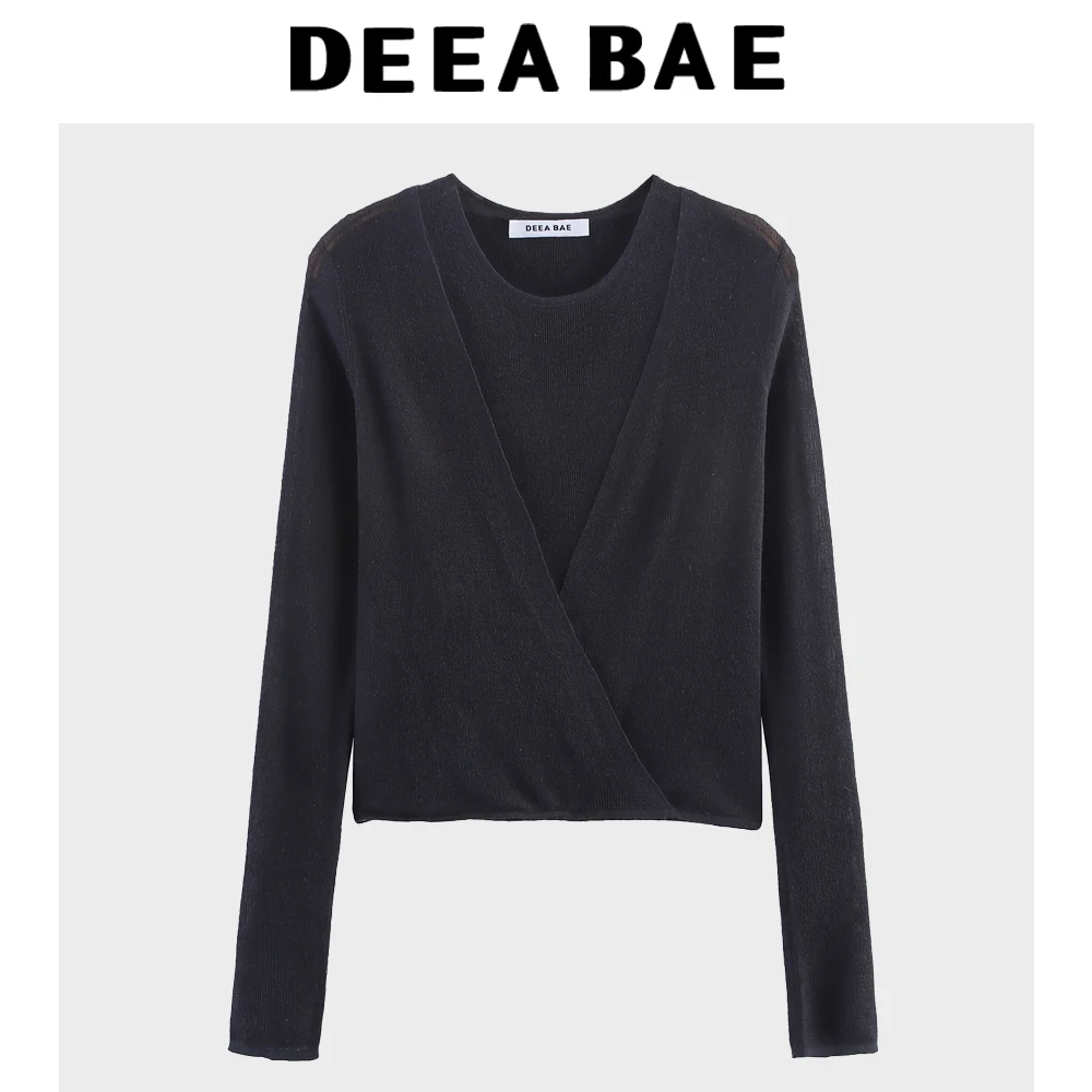 

DEEABAE Осенний новый продукт, французский ретро стиль Pure Desire, облегающий трикотажный топ с круглым вырезом и длинными рукавами