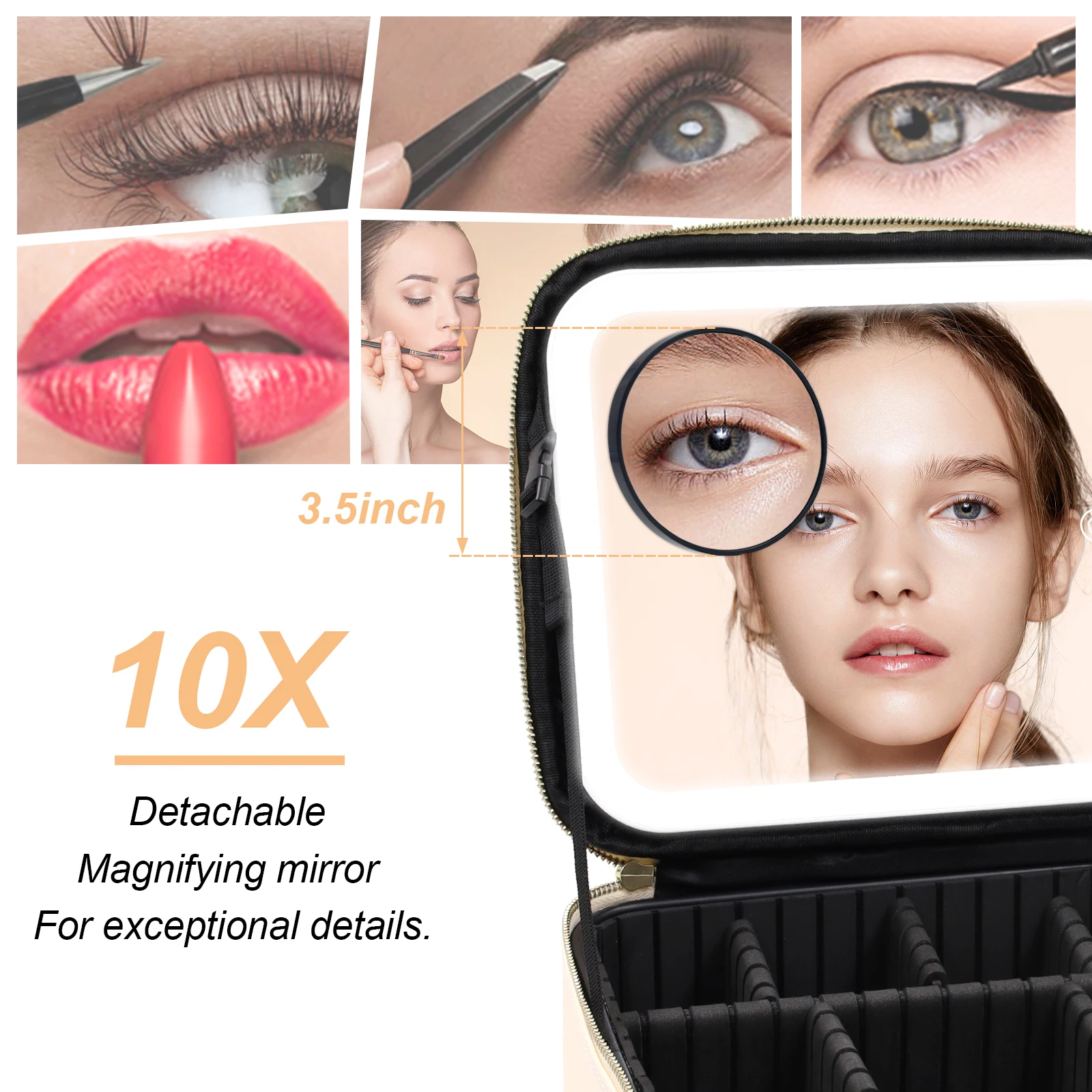 Travel Makeup Bag with Mirror of LED Lighted, Makeup Train Case with Adjustable Dividers, Detachable 10x Magnifying Mirror