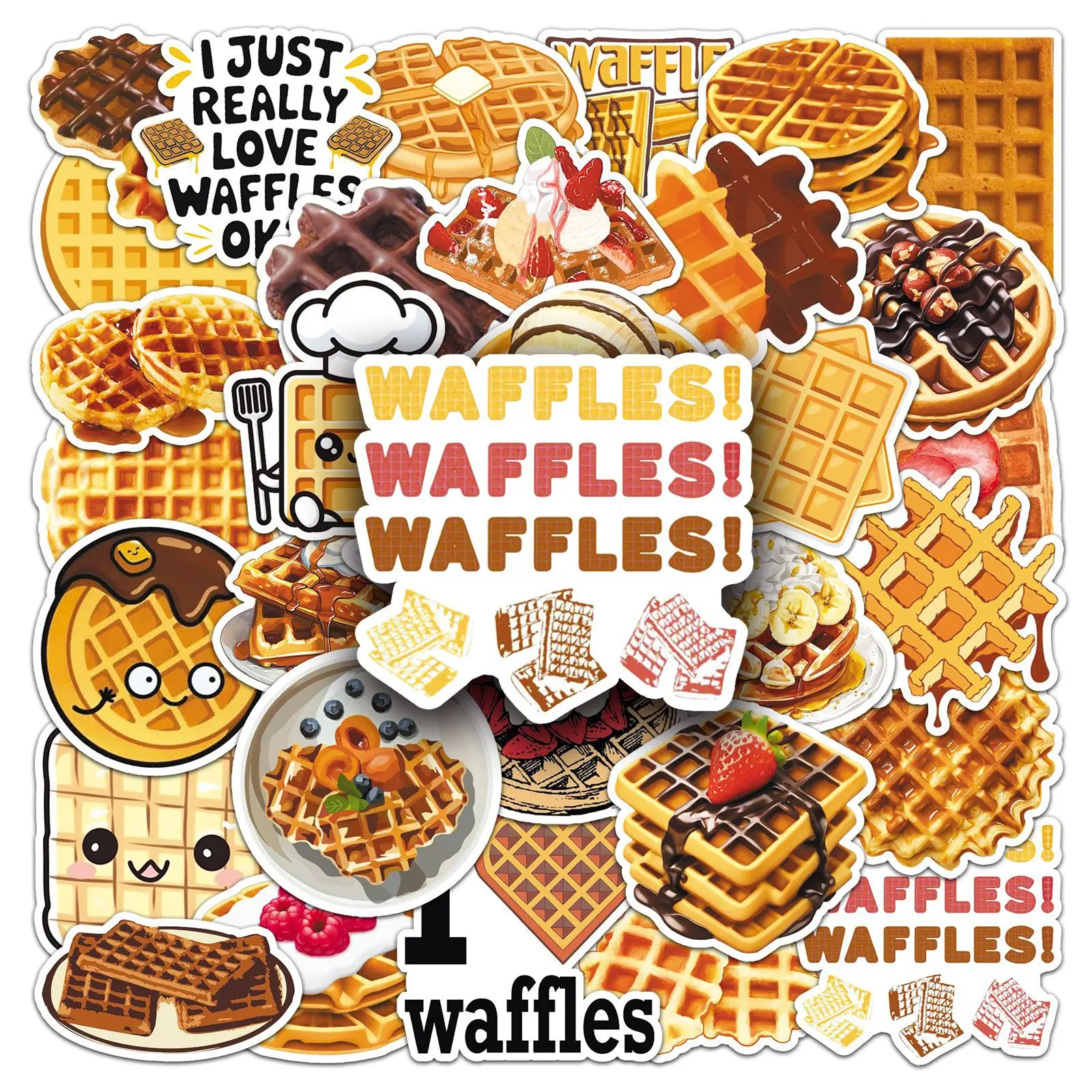 50 Pcs Waffle Stickers Delicious Dessert Food Cartoon Waterproof For Refrigerator Notebook Scrapbooking