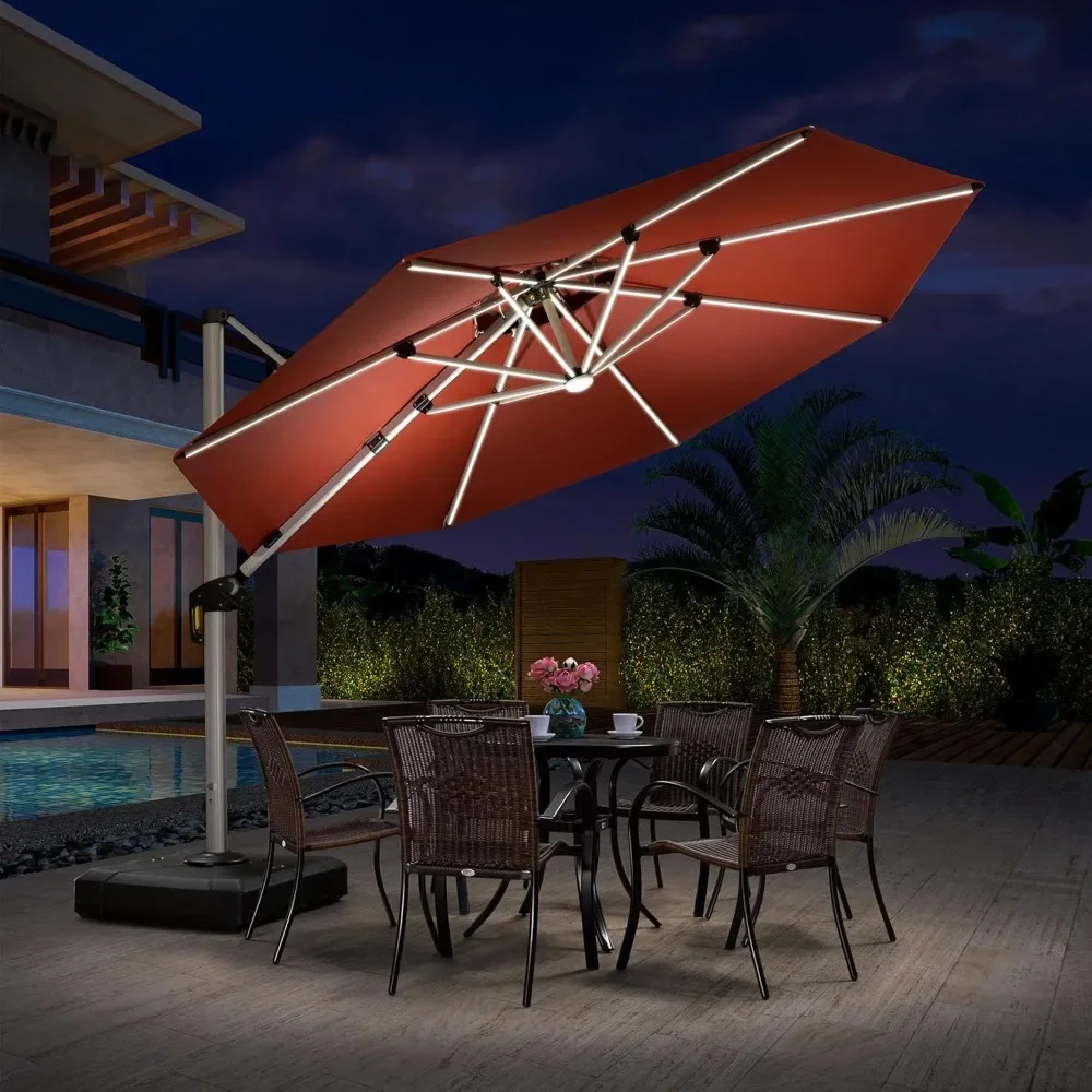 

11ft Solar Powered LED Patio Umbrella, Outdoor Round Umbrellas Large Cantilever Umbrella, with LED Lights Windproof