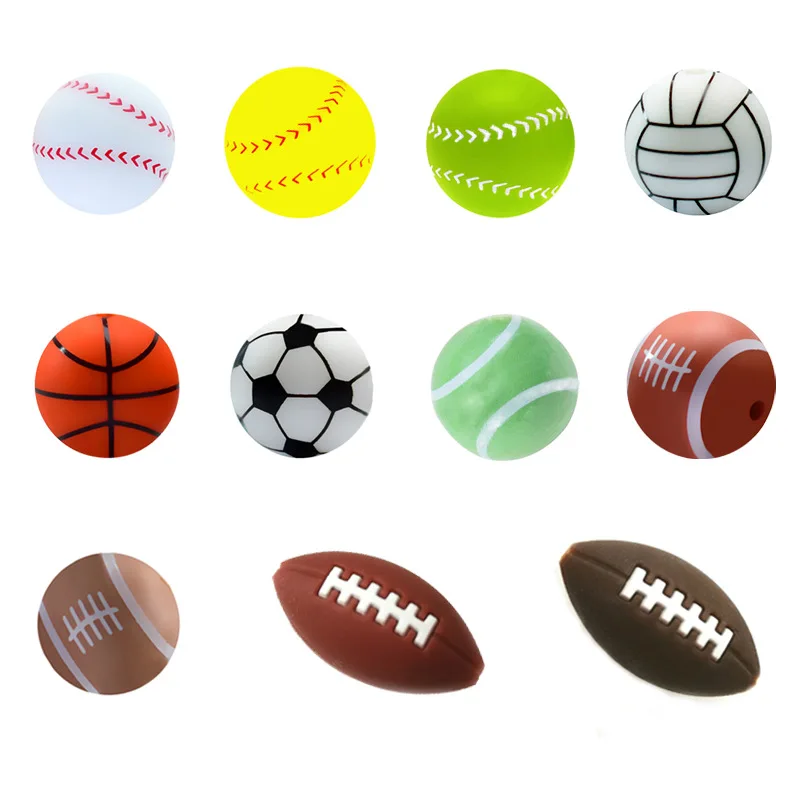 10 Pcs 15mm New Style Soccer Basketball Baseball Food Grade Silicone Beads DIY Bracelet Key Ring Keychain Accessories