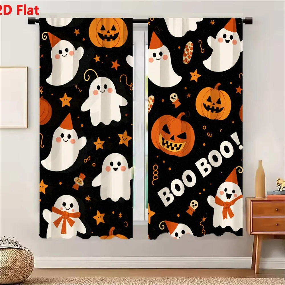 2Pcs Curtains 2D Flat Halloween Cartoon Pattern with Cute Ghosts Jack-o'-Lanterns Stars and "BOO BOO" Text on Black Background W
