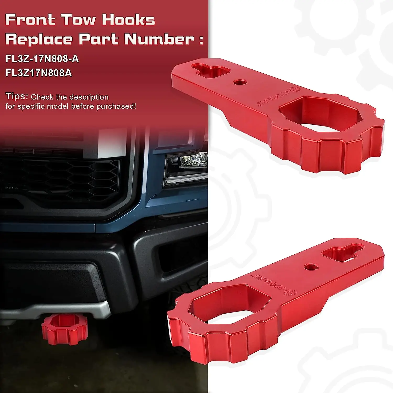 1Pair 2Pcs Tow Hooks Front Bumper Towing Red Replacement Hook Kit fit 2009+ Ford F-150 Ford Raptor