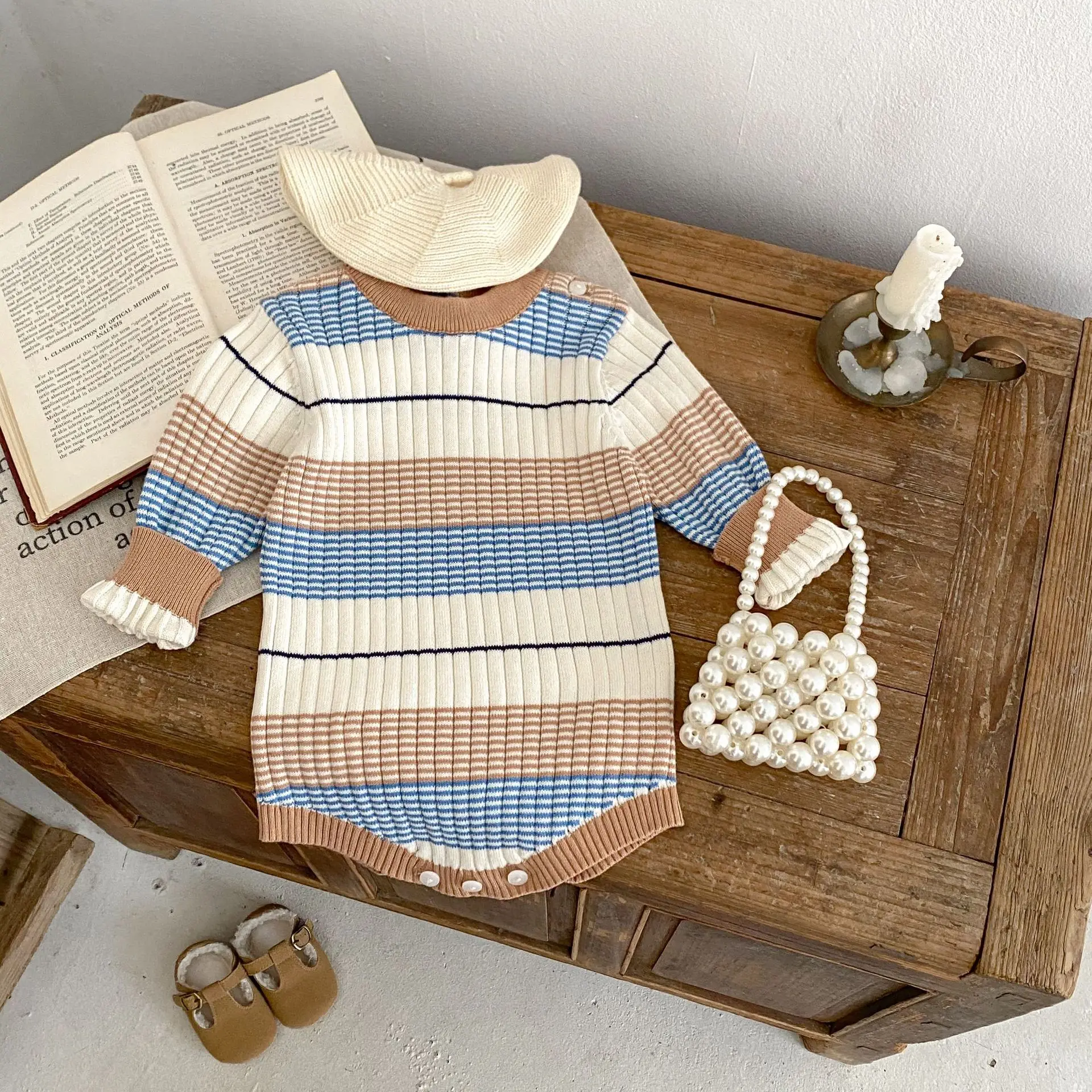 

Spring and Autumn New Baby Clothing for Girls Fashion Versatile Striped Round Neck Long sleeved Sweetheart jumpsuit