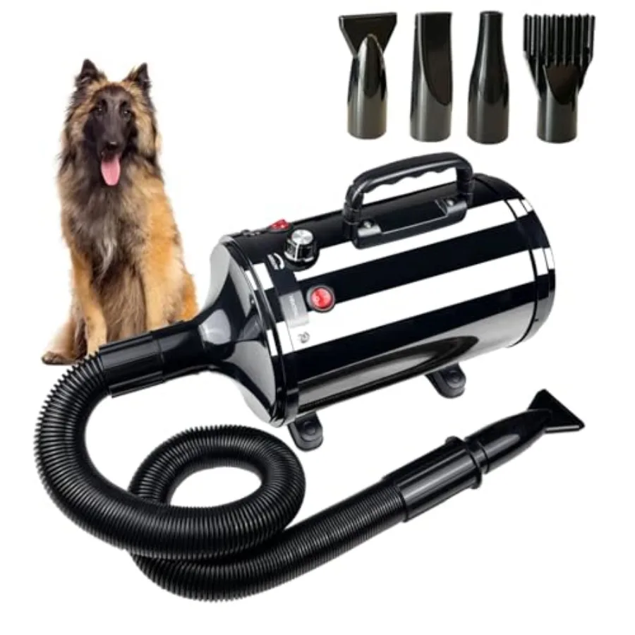 

High Velocity Professional Dog Grooming Dryer Adjustable Temperature and Speed Hair Dryer for Pets with 4 Nozzles