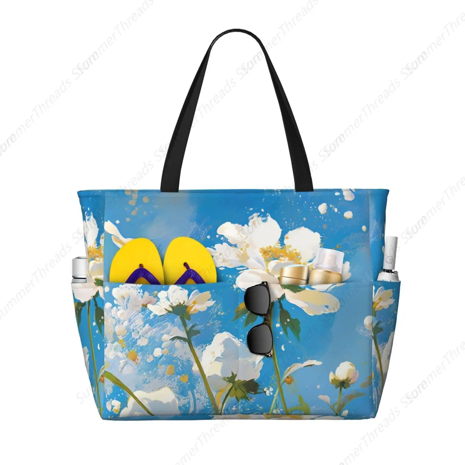 

Beach Bags Compatible with White Flower Blue for Women Large Waterproof Sandproof Beach Tote Swim Pool Bag with Zipper