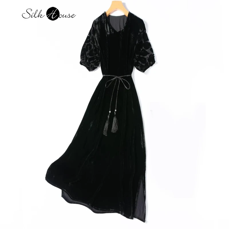 

Elegant Rotten Fleece 30% Natural Mulberry Silk Velvet V-neck Short Sleeve Loose Women's Black Autumn Party Straight Tube Dress