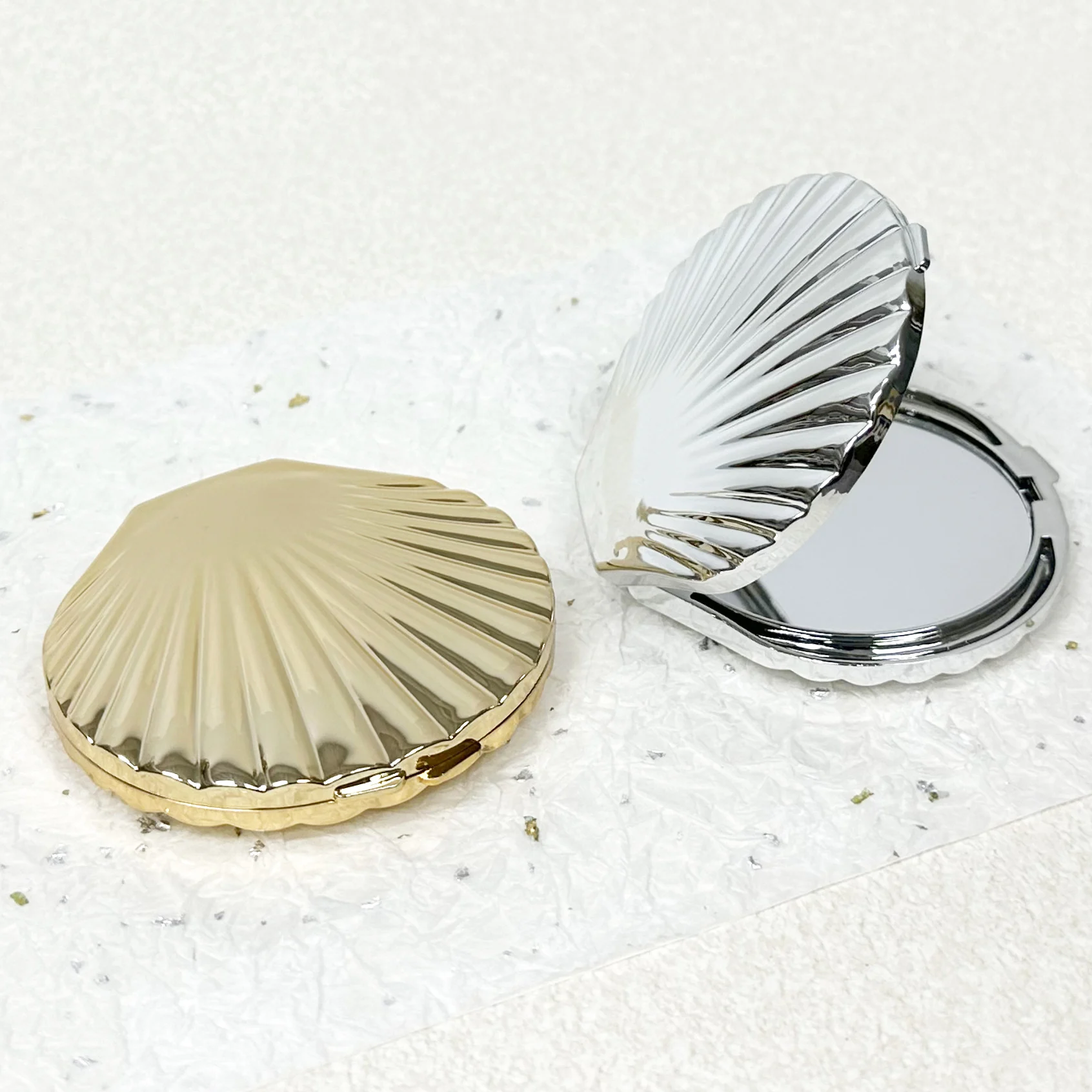 Shell Shaped Double Sided Makeup Mirror, Silver and Gold Shell Mirror, 1X/2X Folding Hand Mirror