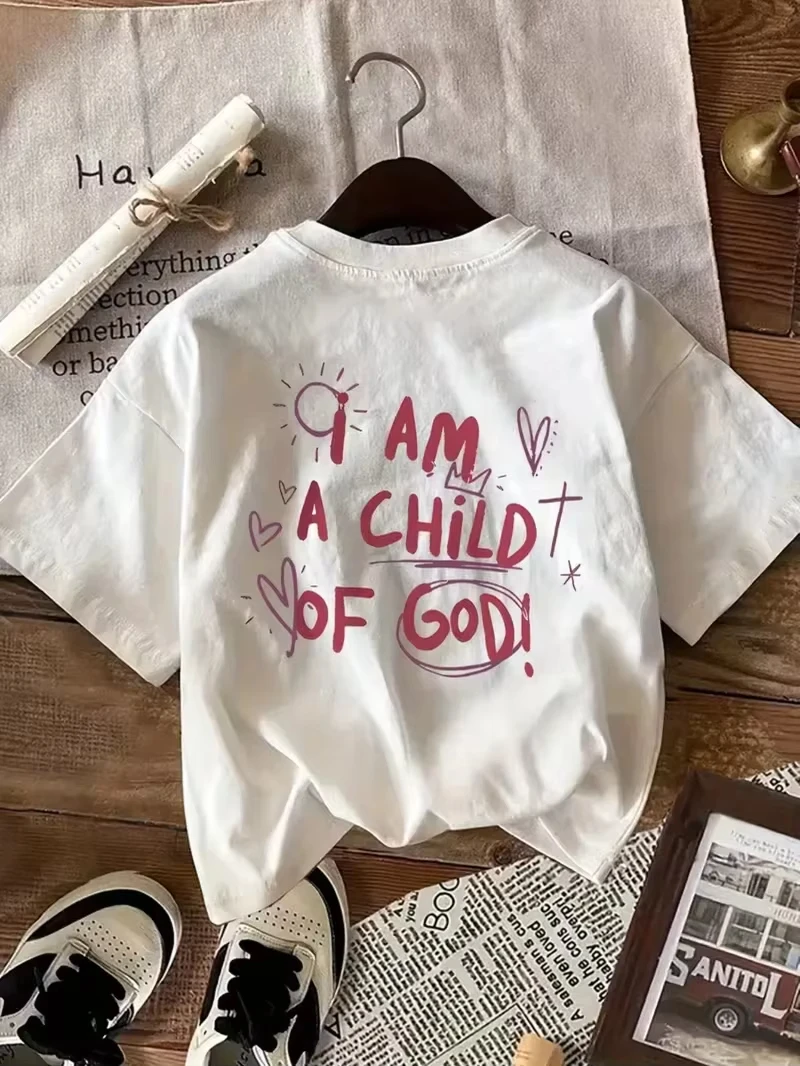 I am Child Of God Print T-shirt Handwritten Christian Graphic Short Sleeve Tops Women Casual Loose Streetwear Daily Wear Tee