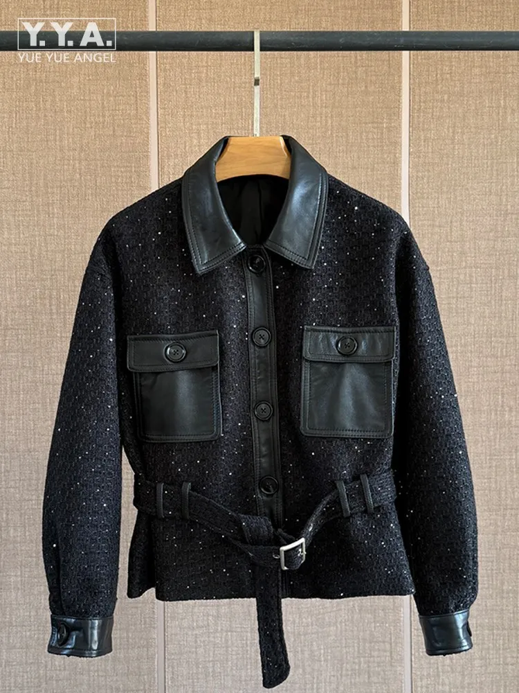 

Office Ladies New Sheepskin Patchwork Single Breasted Jacket Fashion Black Elegant Retro Short Coat Long Loose Sleeve Jackets