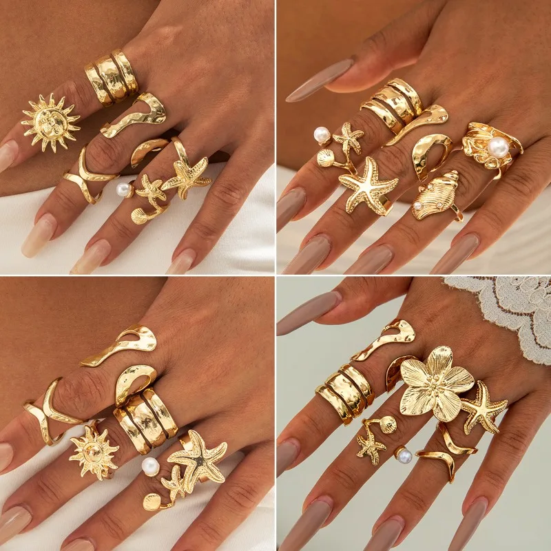 Bohemian pearl ring, flower ring set, alloy plating process, metal ring set.