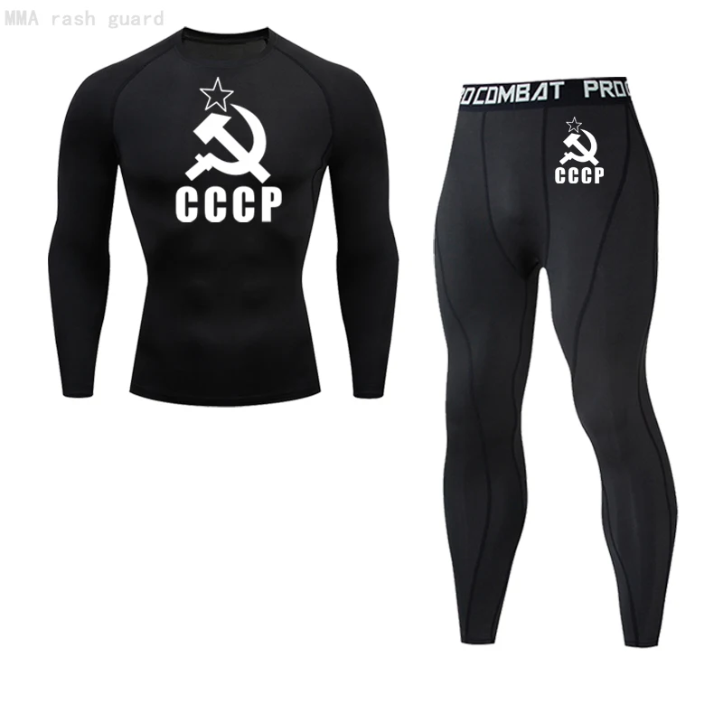 

CCCP Sports Tights Gym Leggings Men's Running Set 2 piece Tracksuit Bodybuilding T-Shirt Tactical underwear Compression Clothing