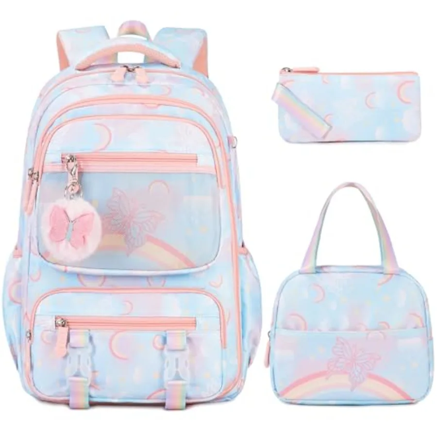 

Backpack for Girls, Rainbow Butterfly Girls Backpacks with Lunch Bag Pencil Case Set, Backpack Kindergarten Elementary Middle S