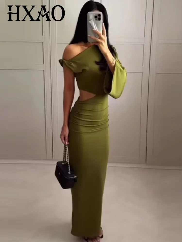 HXAO 2025 Vestidos asimétricos con volantes para mujer, vestido verde por debajo de la rodilla de verano, Vestidos ajustados con un hombro, vestido elegante de calle alta