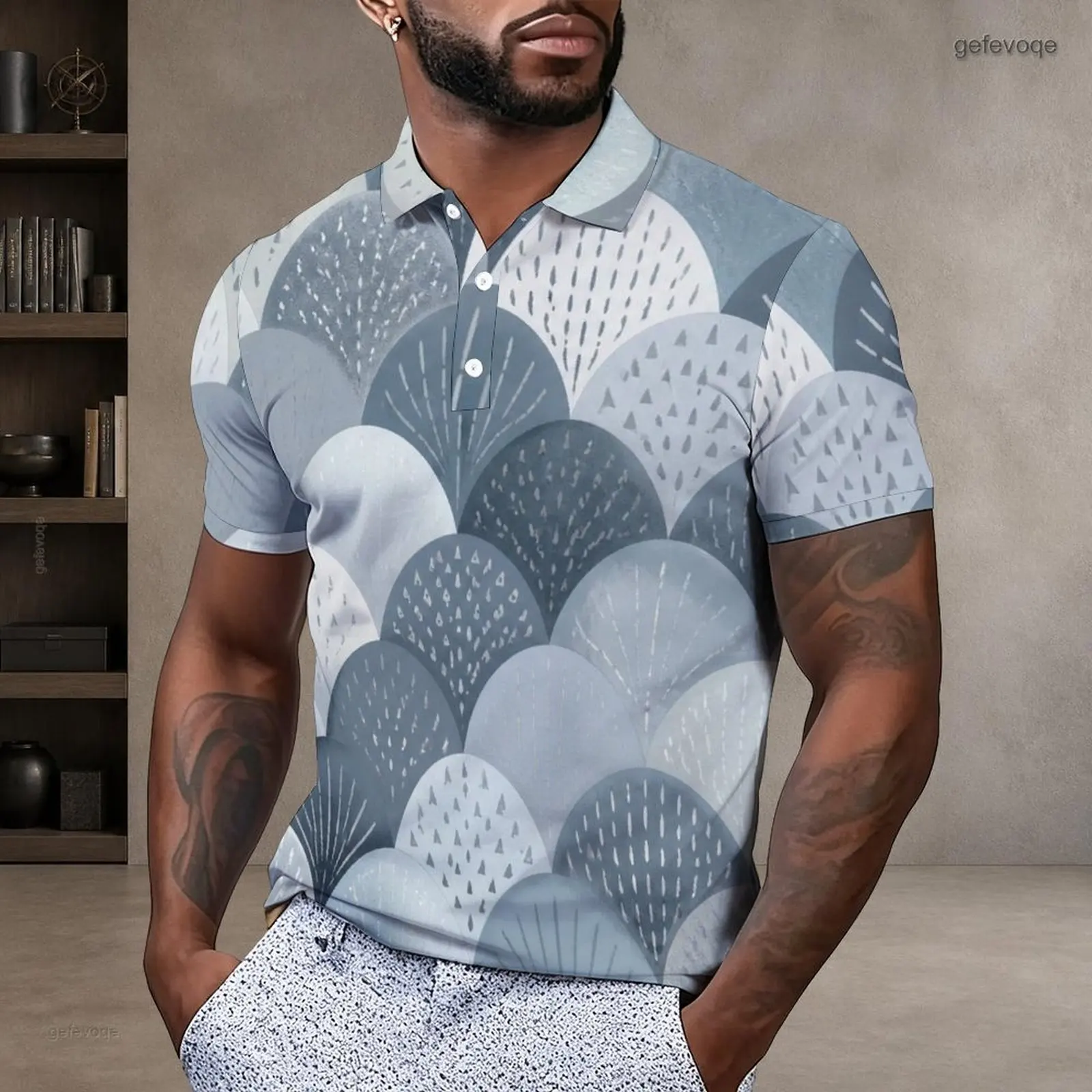 Men Polo Shirt with Print Short Sleeve Collared Neck Button Placket