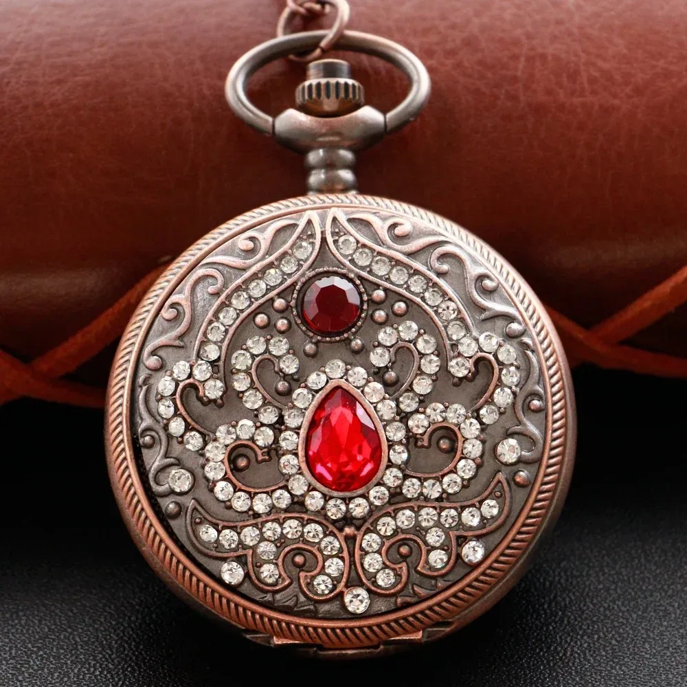 예술적 청동 팬 모양의 다이아몬드 루비 쿼츠 주머니 시계 목걸이 펜던트 시계 주머니 시계 Fob 체인 남성 여성 선물