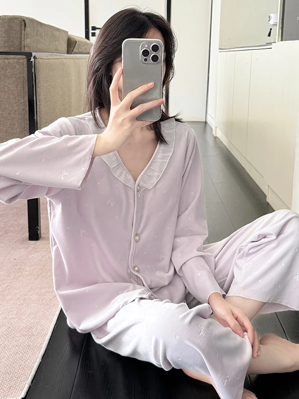 

Island Velvet Korean Style Women's Sleepwear Long Sleeve Thin Velvet Home Clothes Sweet Lace Iceland Velvet Home Clothes