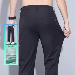 Pantalones de seda de hielo para hombre, pantalones casuales de pierna recta, sueltos, transpirables, delgados, deportivos de secado rápido con bolsillos, Color sólido coreano