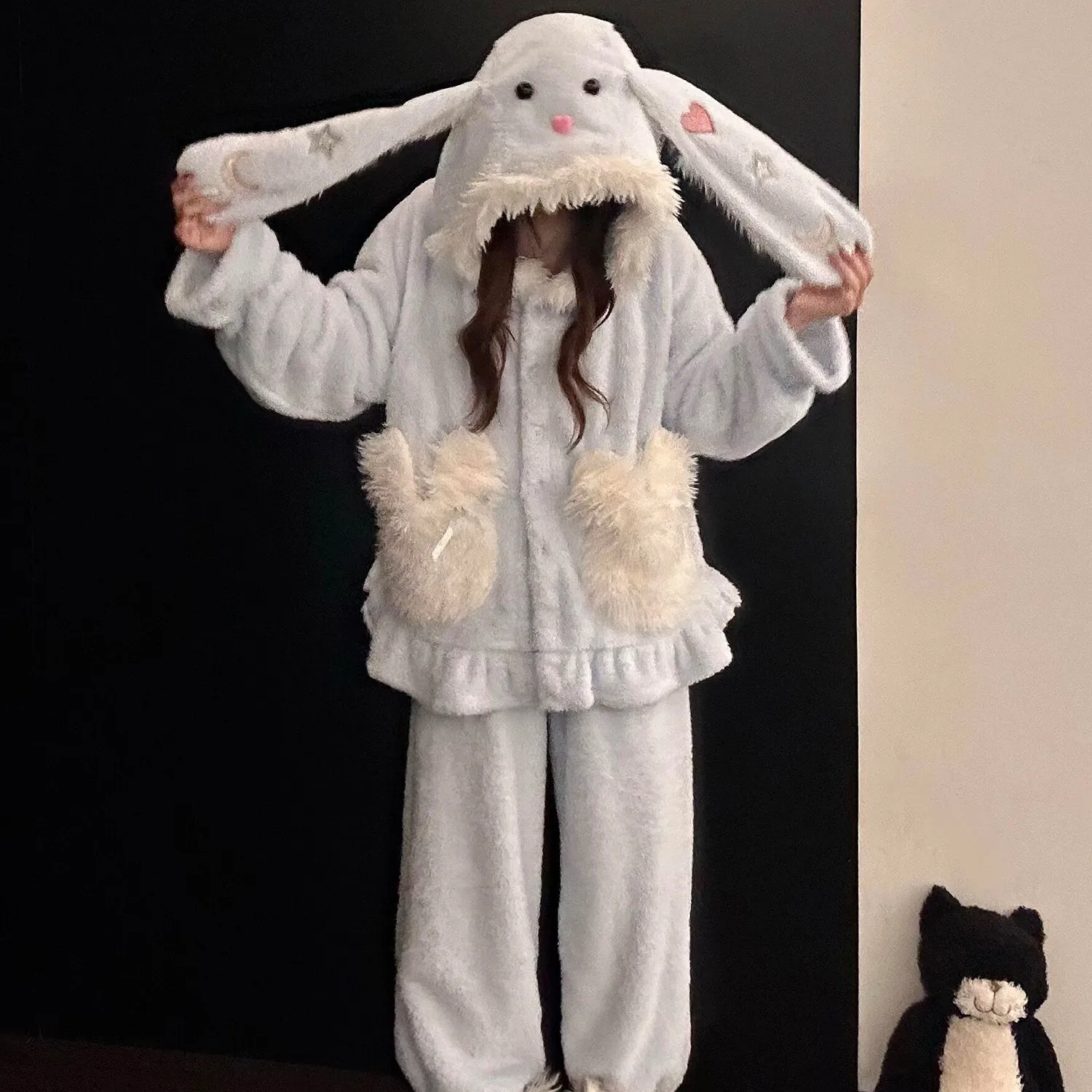 

Cute Rabbit Ears Hooded Pajamas Girls Thick Warm Casual Loungewear Winter Fleece Blue Sleepwear Outdoor Homewear Sets