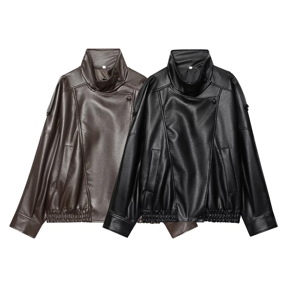 

Новая женская повседневная свободная куртка из искусственной кожи с длинными рукавами и воротником-стойкой, модель 2026 года