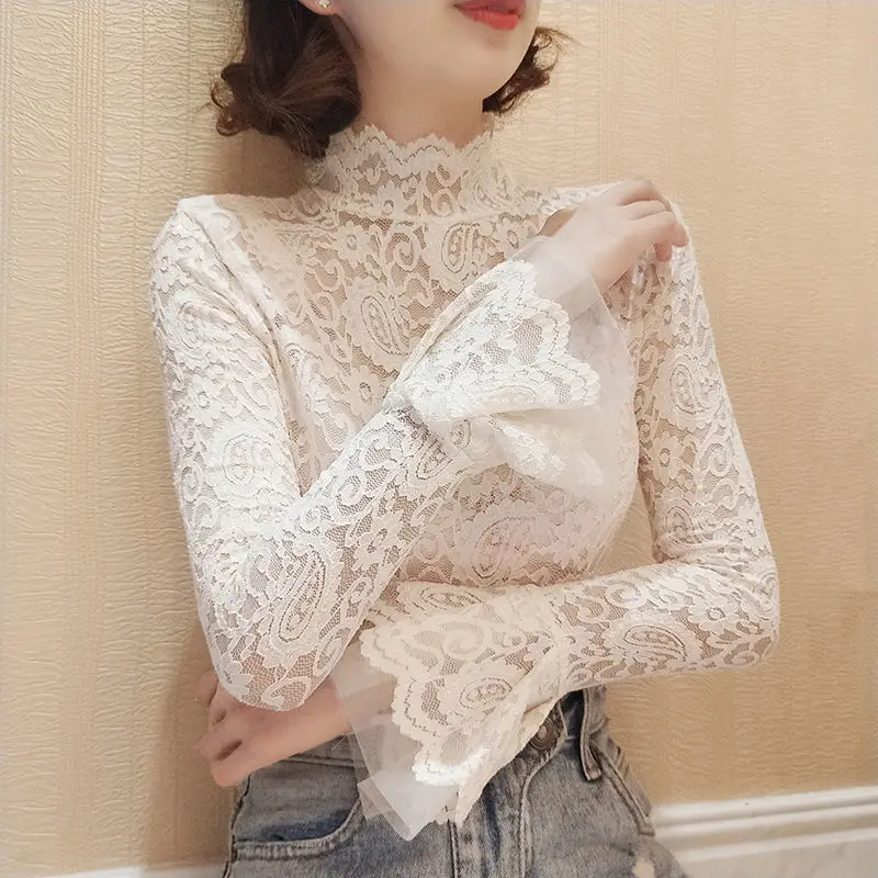 

Thin/Thick Hollow Out Lace Bottoming Shirt Women's New Mesh Ruffle High Collar Tshirt Flared Sleeves Top S-3XL