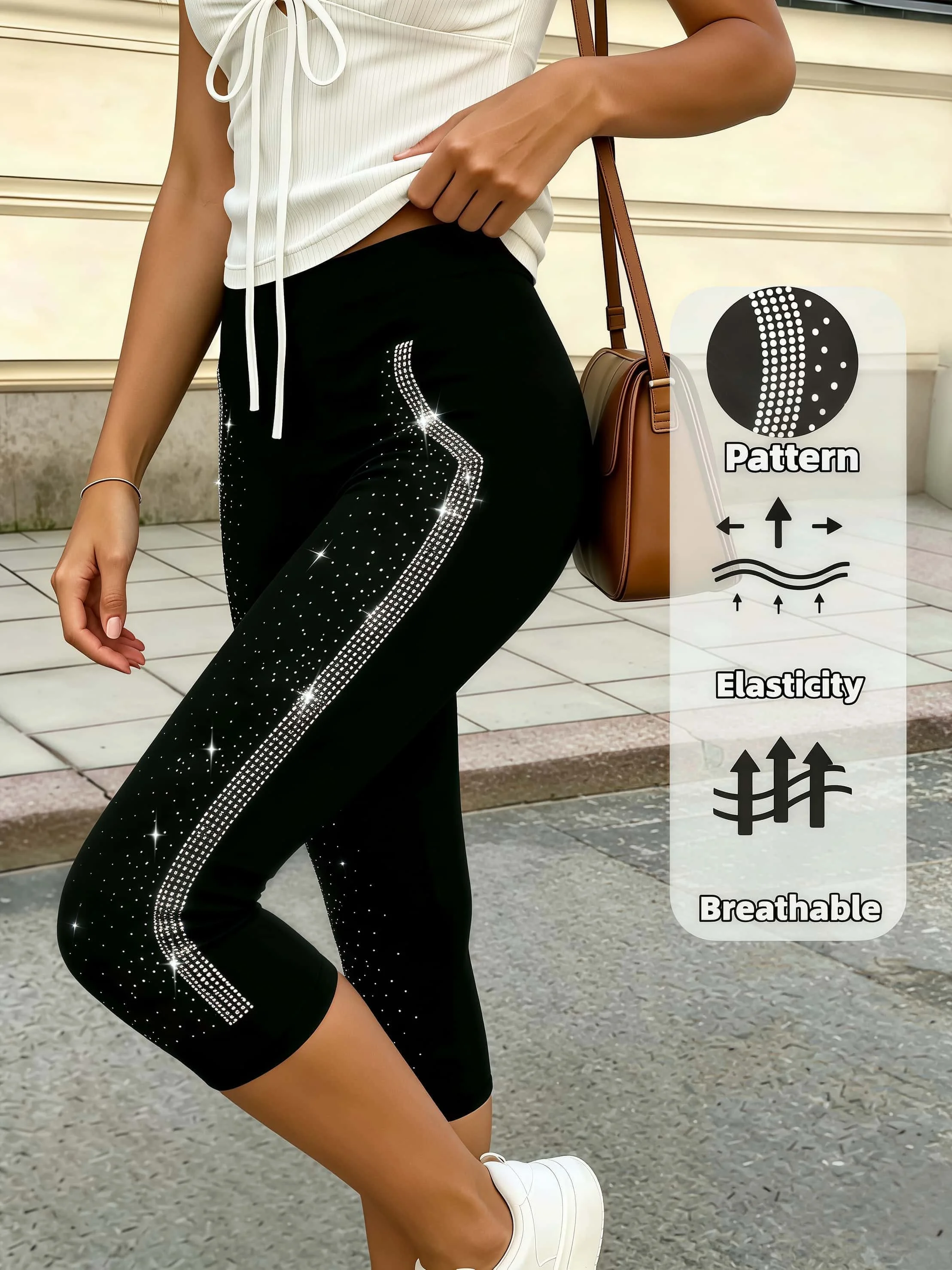 Women's Black High Waisted Capri Leggings Curved Side Rhinestones Stretchy Slim Fit Cropped Leggings Casual