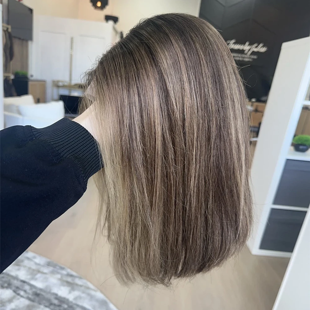 

Индивидуальный синтетический парик с кружевной передней частью, коричневый с блонд-оттенками, прямой короткий парик-каре для женщин, для вечеринок и повседневной носки, высокое качество