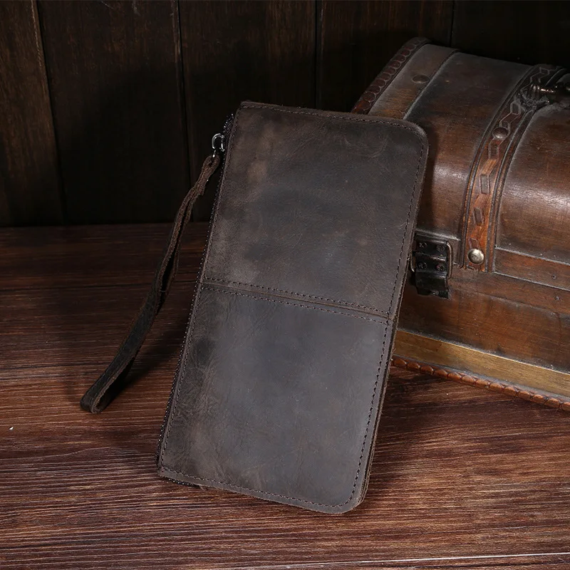 

Genuine Leather Wallet Retro Crazy Horse Leather Wallet Long Mobile Phone Designer Luxury Bag