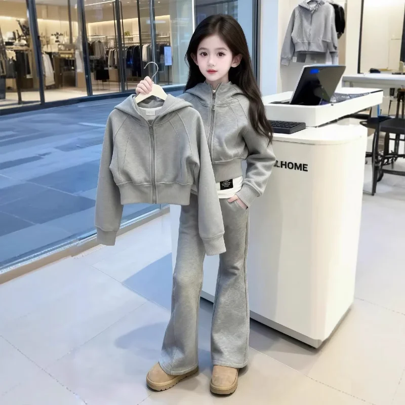 Girls Solid Zip Hooded sweatshirt Jacket+Wide-leg pants School Teen Tracksuit Child Jogger Outfit Three Piece Set Set 8-17Yrs