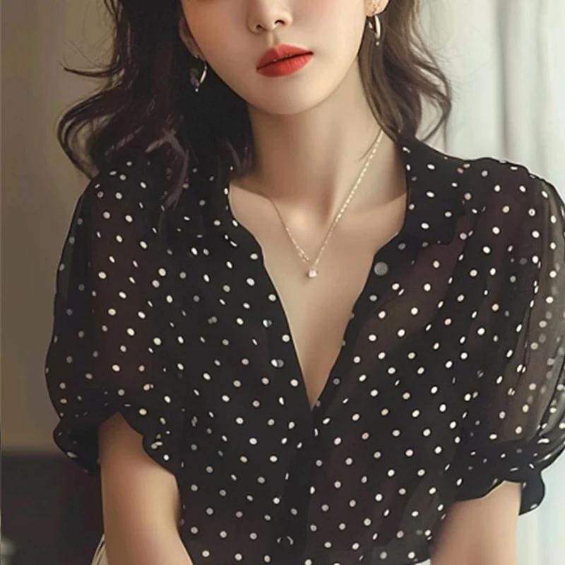 French Style Fashionable Elegant White Polka Dot Casual Short Sleeved Shirt Luxurious Loose Fit Slimming Young Style Women\'s Top