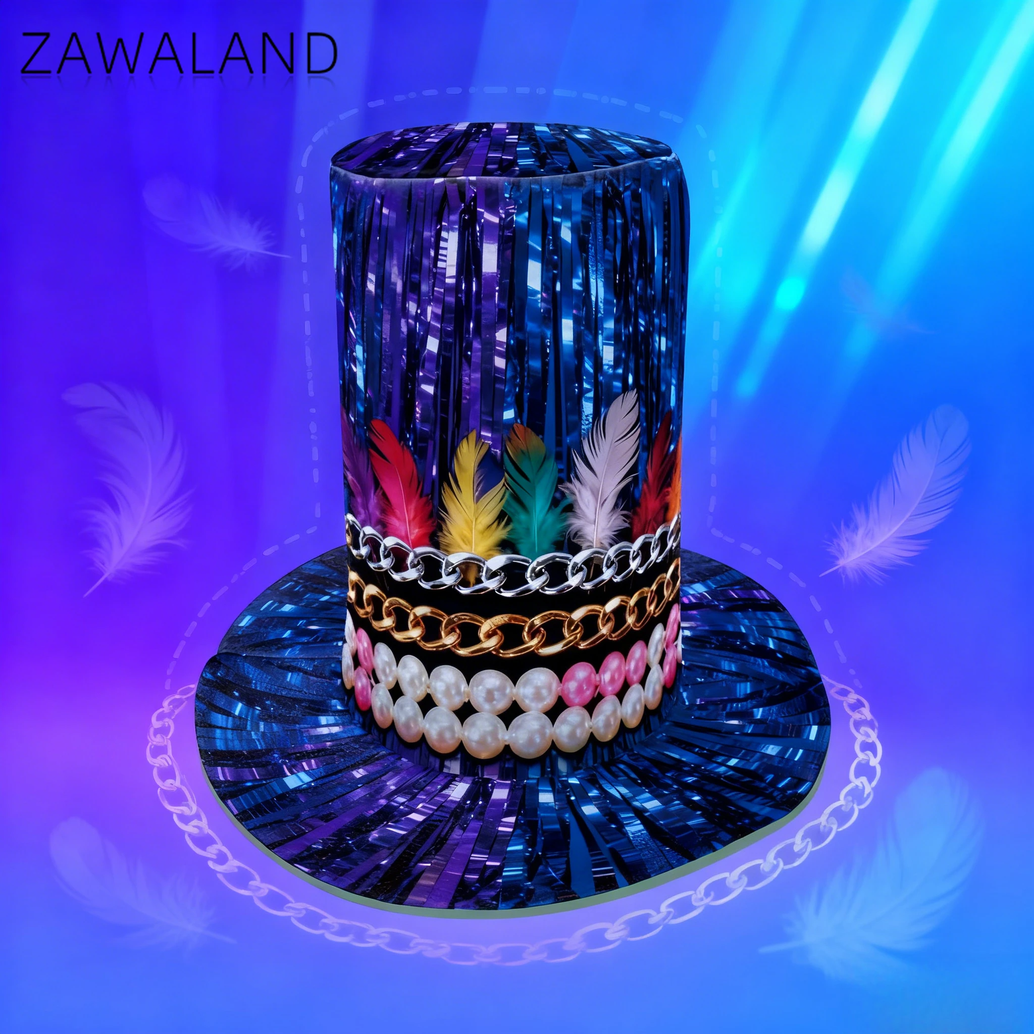 

Feather Pearl Chain Pattern Top Hat Blue Purple Ribbon Carnival Stovepipe Hat Man Woman Cosplay Costume Accessories Festival Hat
