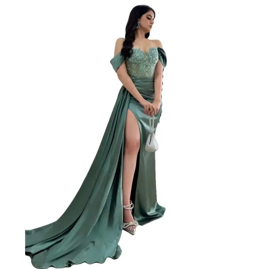 

Customized Slit Evening Dresses Off the Shoulder Lace Appliques Pageant Party Gowns Elegant Satin Vestido De Novia