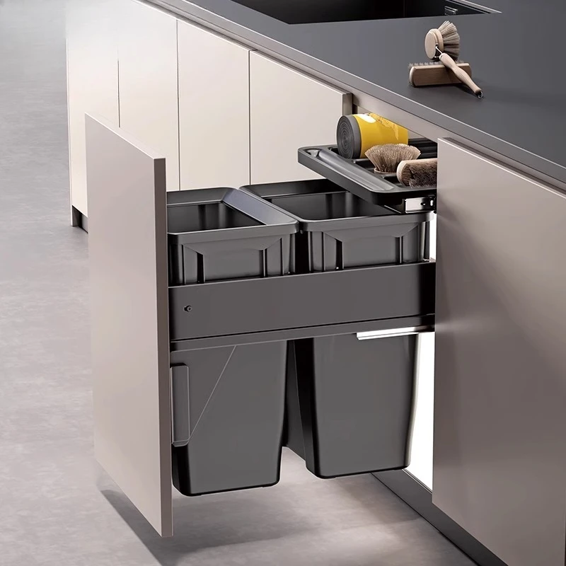 

Cabinet Built-In Trash Can with Lid, Concealed Dual Compartment Cleaning Bucket, Drawer-Style Garbage Bin, Kitchen Waste Bin