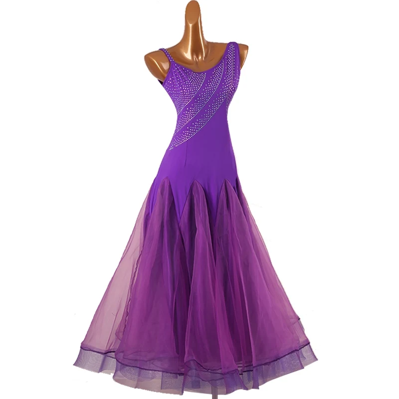 Vestido de competición de baile de salón para mujer, traje Sexy púrpura con diamantes de imitación, ropa de actuación de baile moderno, Vals, Chacha, DQL9091, 2024