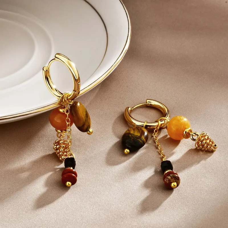 Boho Asymmetrical Hoop Dangle Earrings Women Vintage Amber Tiger Eye Stone Bead Tassel Drop Earrings Ethnic Holiday Jewelry