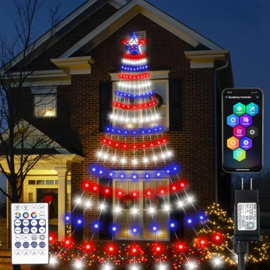 Smart 4th of July Decorations Lights, 18Feet LED Large DIY Red White Blue Waterfall Tree Lights with Remote Timer Light Music S