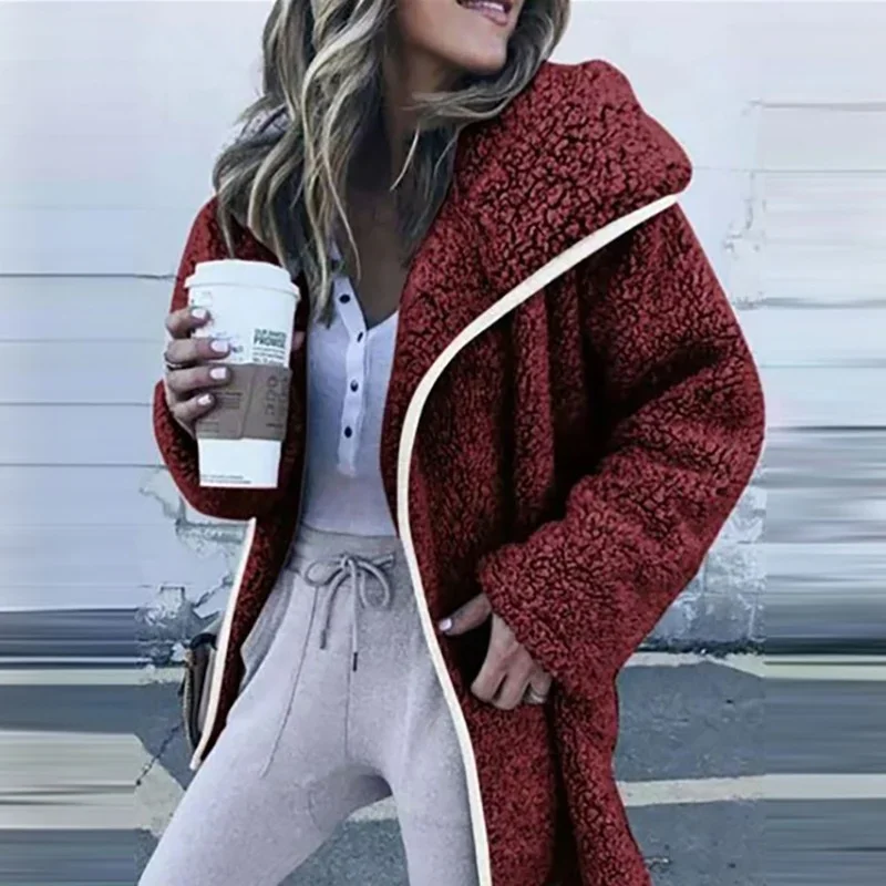 Women's Solid Color Long-sleeved Artificial Fleece Loose and Warm Mid-length Plush Windbreaker Lamb Wool Coat Fleece Jacket