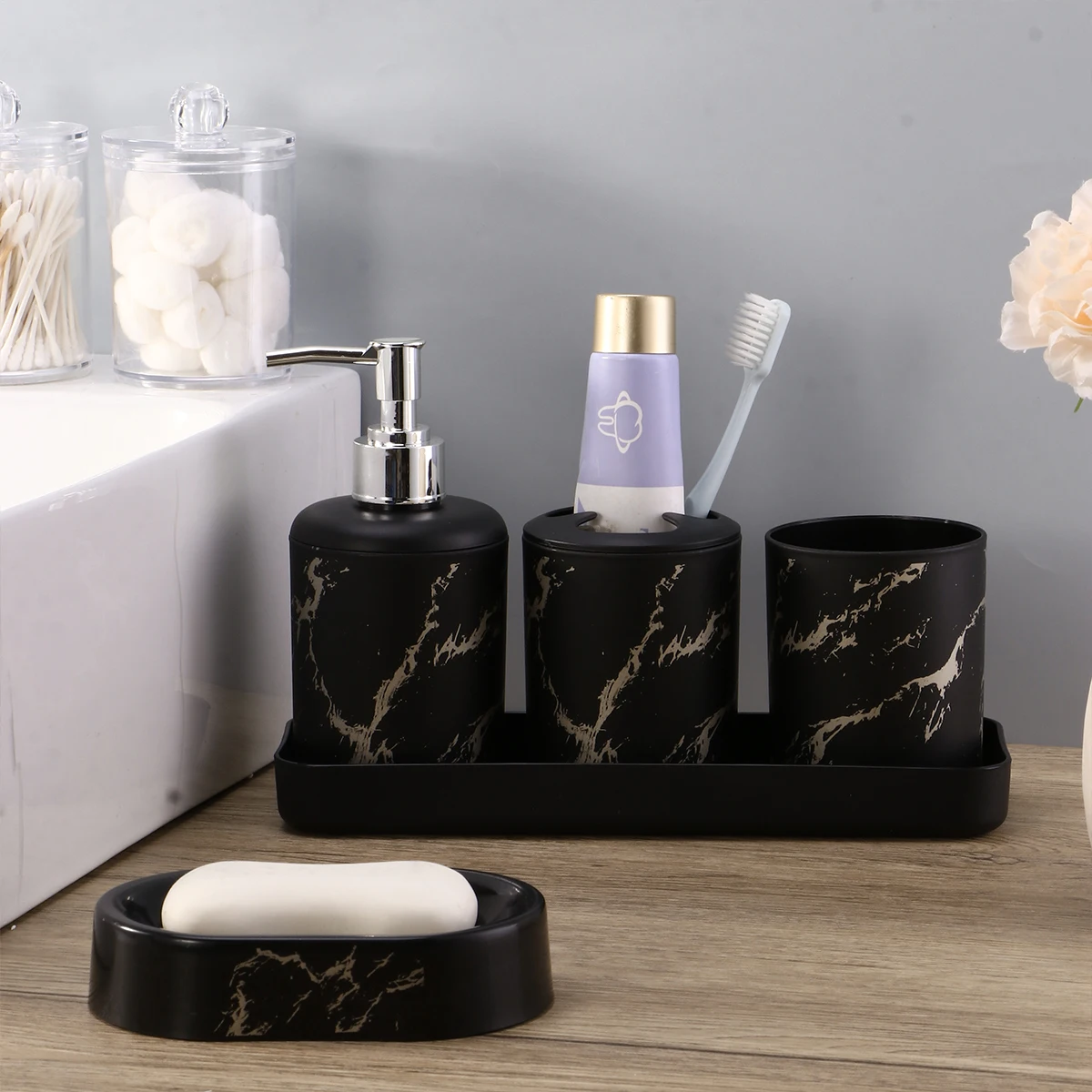 

7PCS white marble bathroom wash suit, soap bottle kit, tray, 2 cotton swab box, suitable for bathroom, student dormitory, family