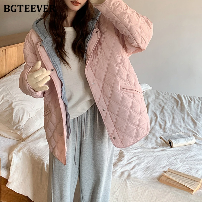 

BGTEEVER Casual Thicken Warm Loose Zippers Women Hooded Parkas Stylish Long Sleeve Single-breasted Ladies Argyle Overcoats