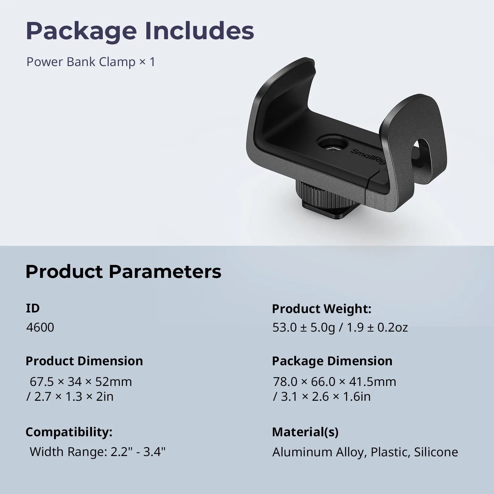 SmallRig universele powerbankklem met koude schoenbevestiging, compatibel met powerbanks, variërend van 55 mm tot 86 mm breed voor kooi 4600