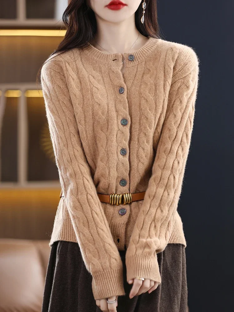 

Autumn Winter Thickened O-neck Cardigan For Female 100% Merino Wool Twist Flower Solid Cashmere Sweater Womens Knitted Clothing