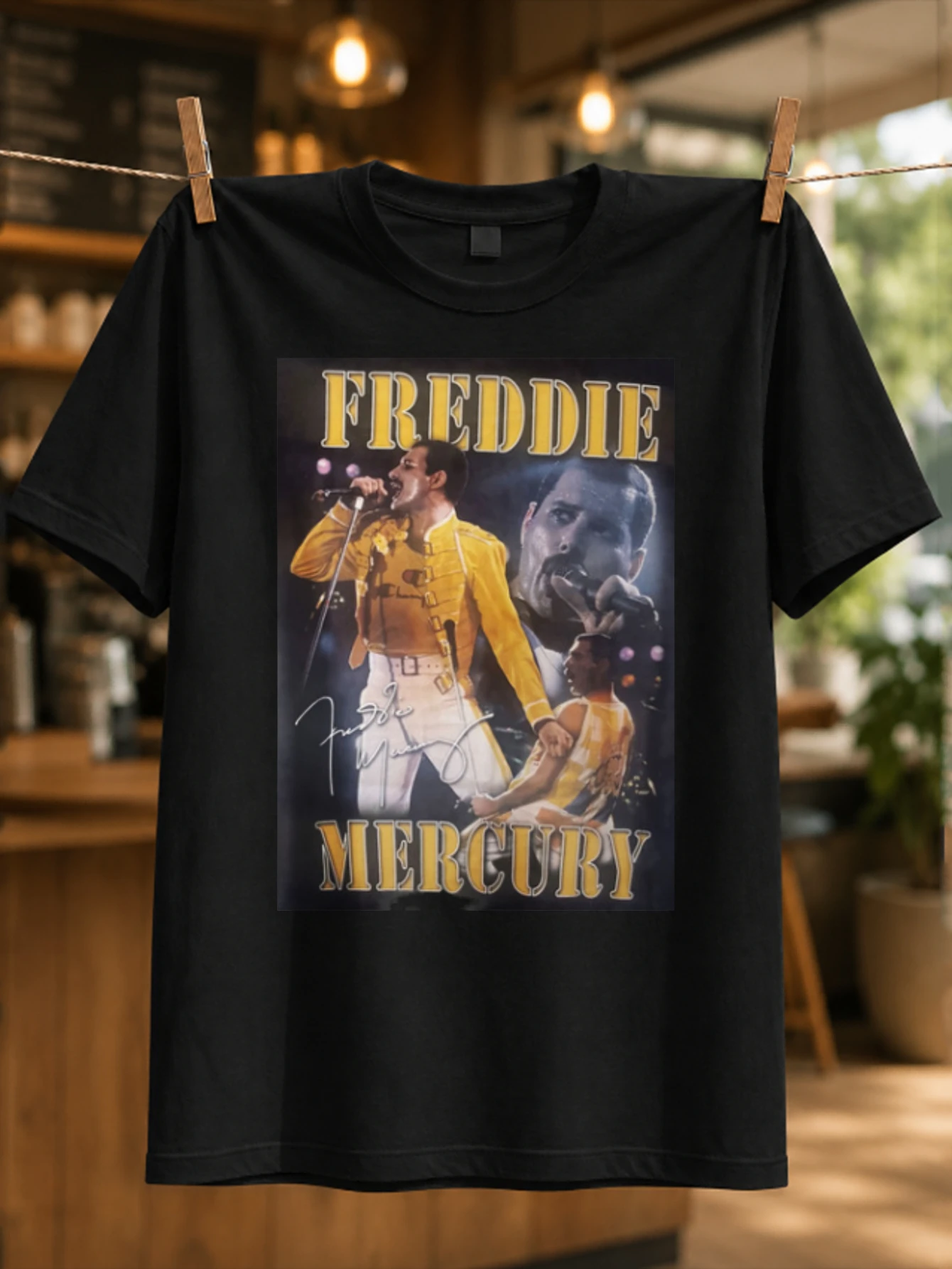 Freddie Mercury vintage yellow stage jacket collage with microphone poses gold serif name lettering  Unisex All T-Shirt