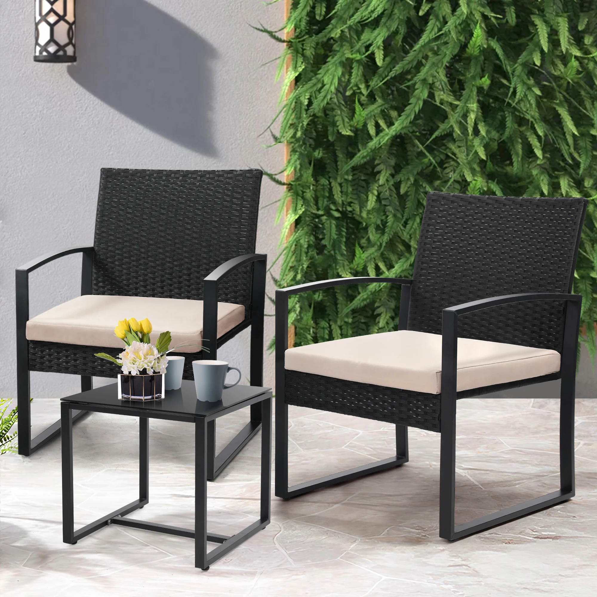 3 Piece PE Rattan Dining Set, Indoor Small Dining Table and 2 Armchairs with Cushions, Modern Wicker Dining Furniture for Kitchen Balcony