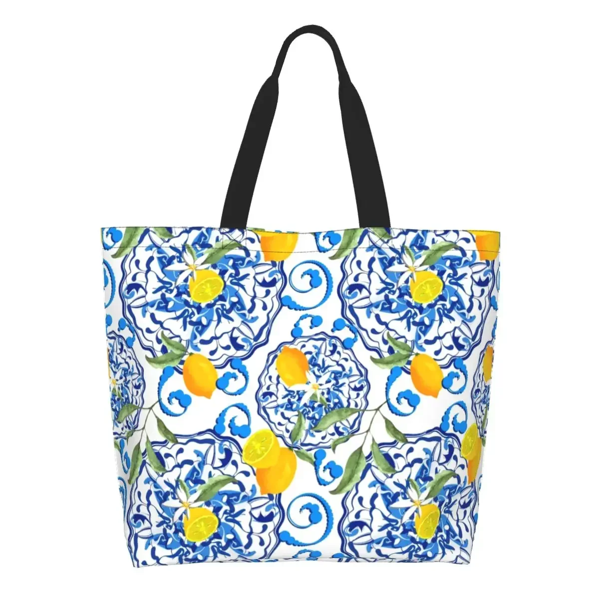 Funny Lemon Fruit Pattern Shopping Tote Bags Reusable Summer Citrus Mediterranean Style Groceries Canvas Shopper Shoulder Bag