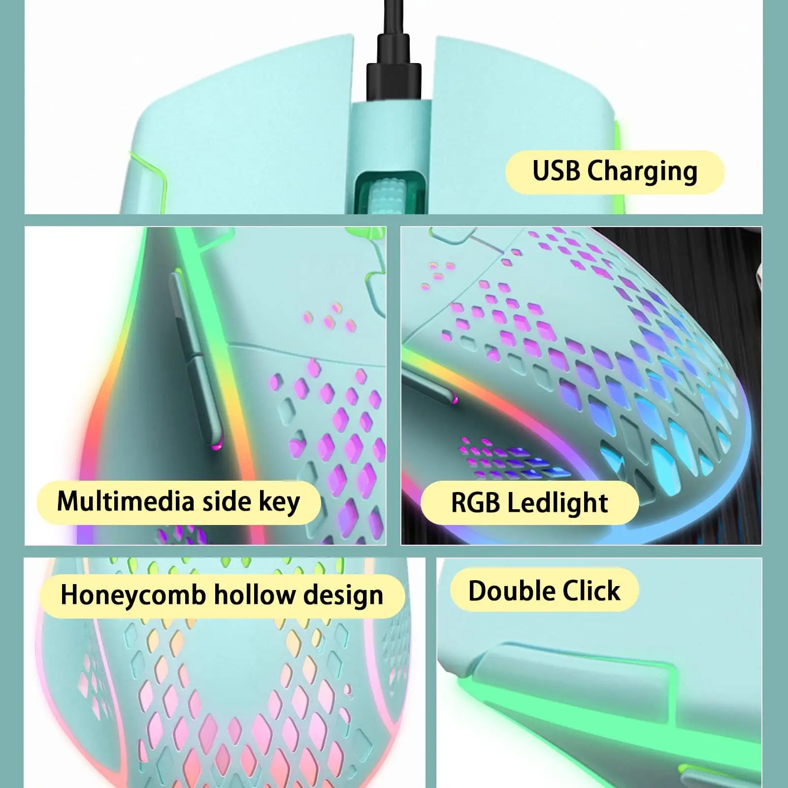 فأرة مضيئة لاسلكية RGB ، نقرة صامتة ، إضاءة ليد ملونة ، ألعاب قابلة لإعادة الشحن ، USB ، 3 مستويات DPI ، كمبيوتر محمول ، كمبيوتر شخصي