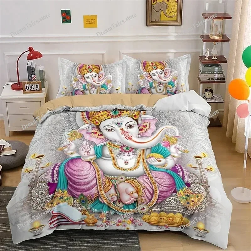 Lord Ganesha Duvet Cover Microfiber Indian Elephant Bedding Set Bohemia Mandala Comforter Cover King for Boys Girls Room Decor