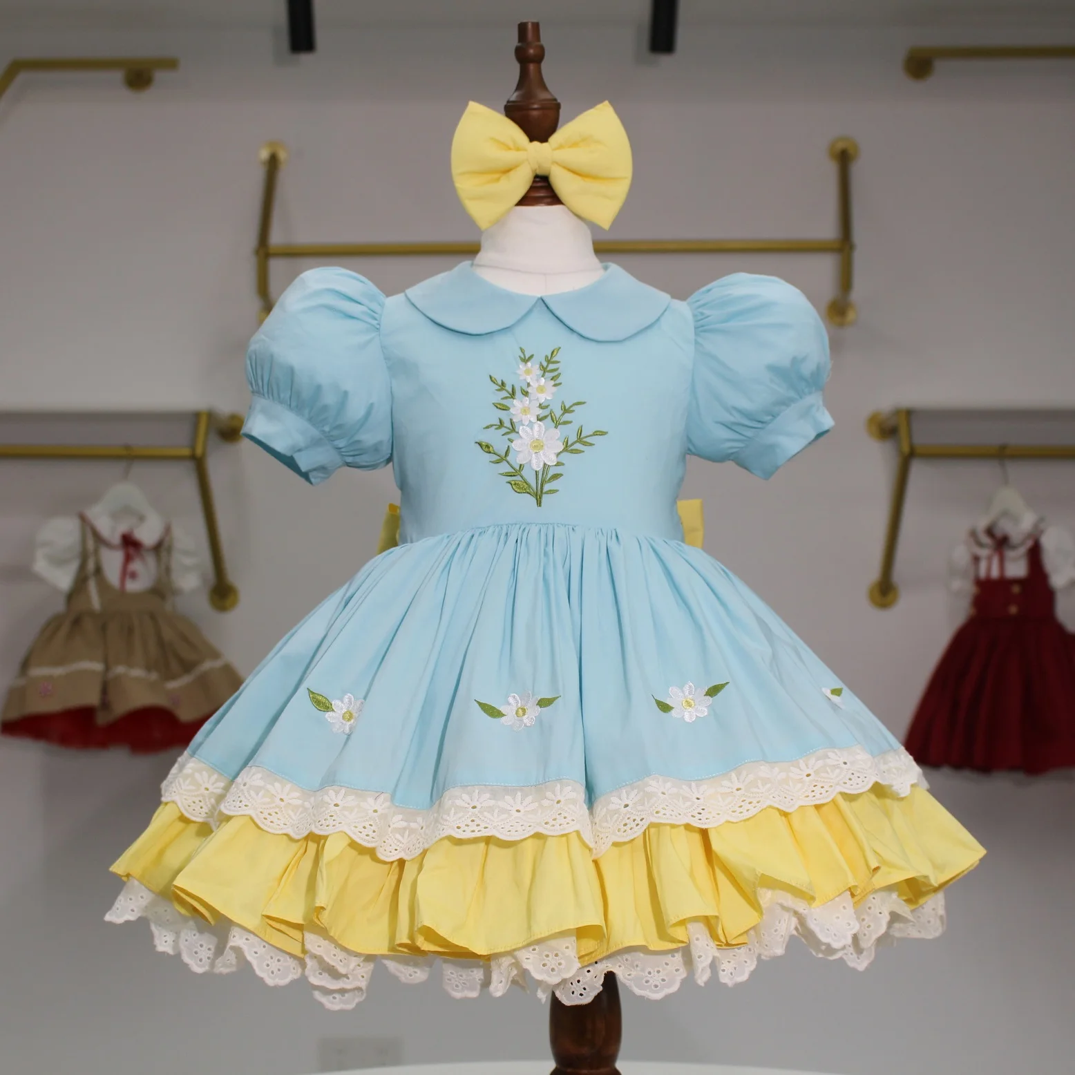 Baby Girl Summer Blue Yellow Daisy Embroidery Turkish Vintage Princess Dress for Birthday Holiday Easter Photography Eid  B222