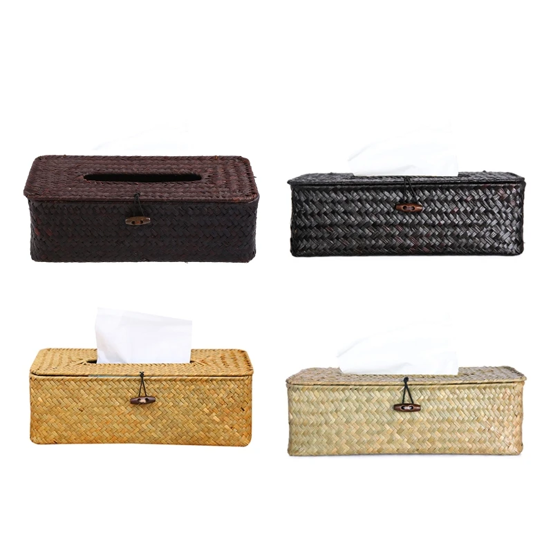 2024 New Woven Rattan Rectangular Tissue Box Cover Vintage Paper Towel Storage Holder for Facial Tissue Napkin Dispenser