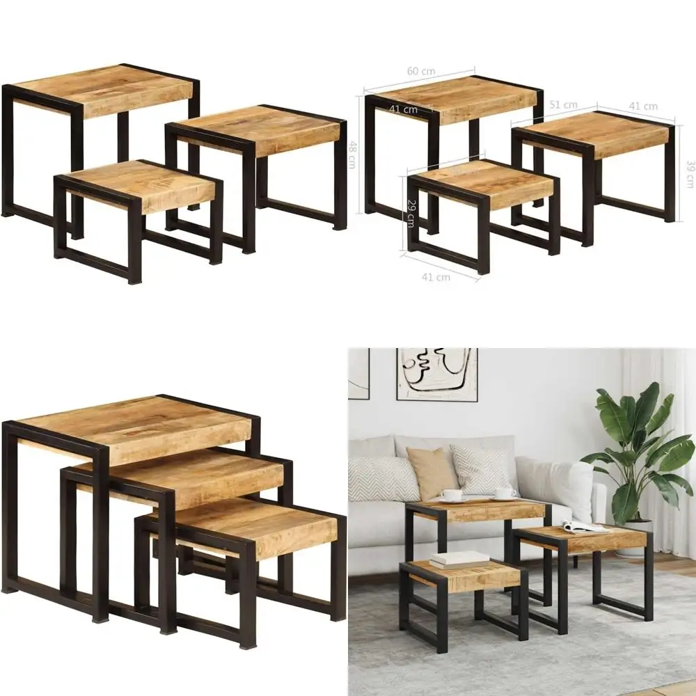 مجموعة طاولات متداخلة من خشب المانجو العتيق مكونة من 3 قطع بتصميم قابل للتكديس، ولمسات سوداء لاستخدام غرفة المعيشة #1